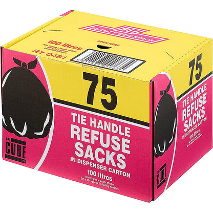 Le Cube Medium Duty Refuse Sacks, 100 Litre, Black, Pack of 75