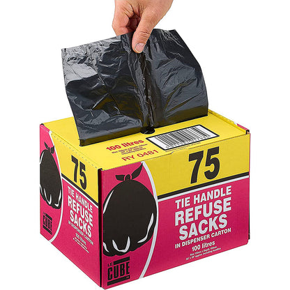 Le Cube Medium Duty Refuse Sacks, 100 Litre, Black, Pack of 75
