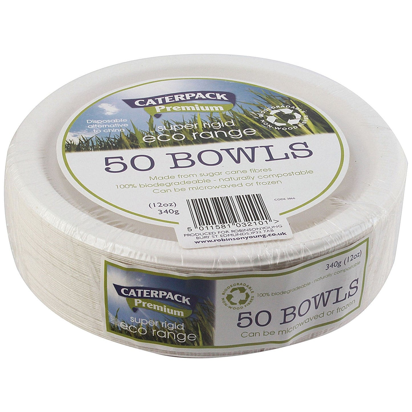 Super Rigid 7 Inch Biodegradable Bowls, 341ml, White, Pack of 50
