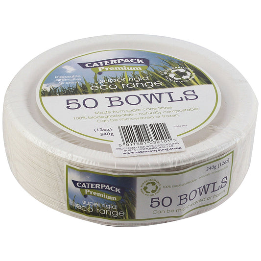 Super Rigid 7 Inch Biodegradable Bowls, 341ml, White, Pack of 50