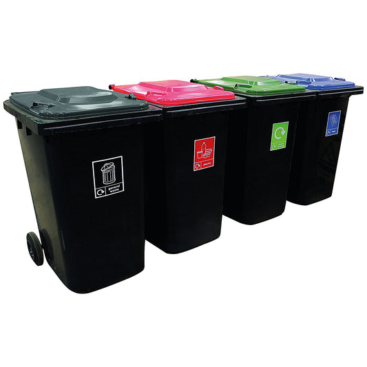 Wheelie Bins With Colour Coded Lids and Recycling Stickers, 240 Litre, Set of 4