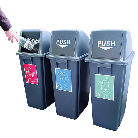 VFM Slim Recycling Bins with Range of Stickers, 60 Litre Each, Pack of 3