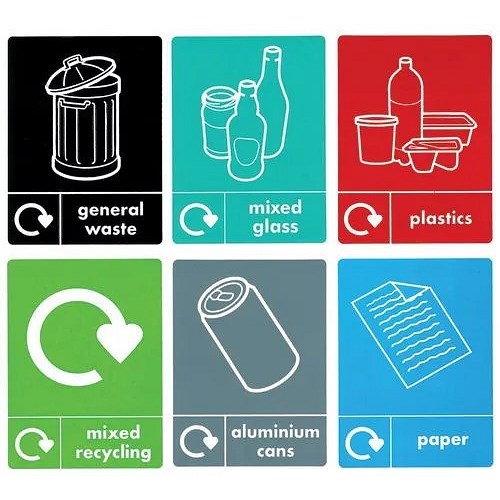 VFM Slim Recycling Bins with Range of Stickers, 60 Litre Each, Pack of 3