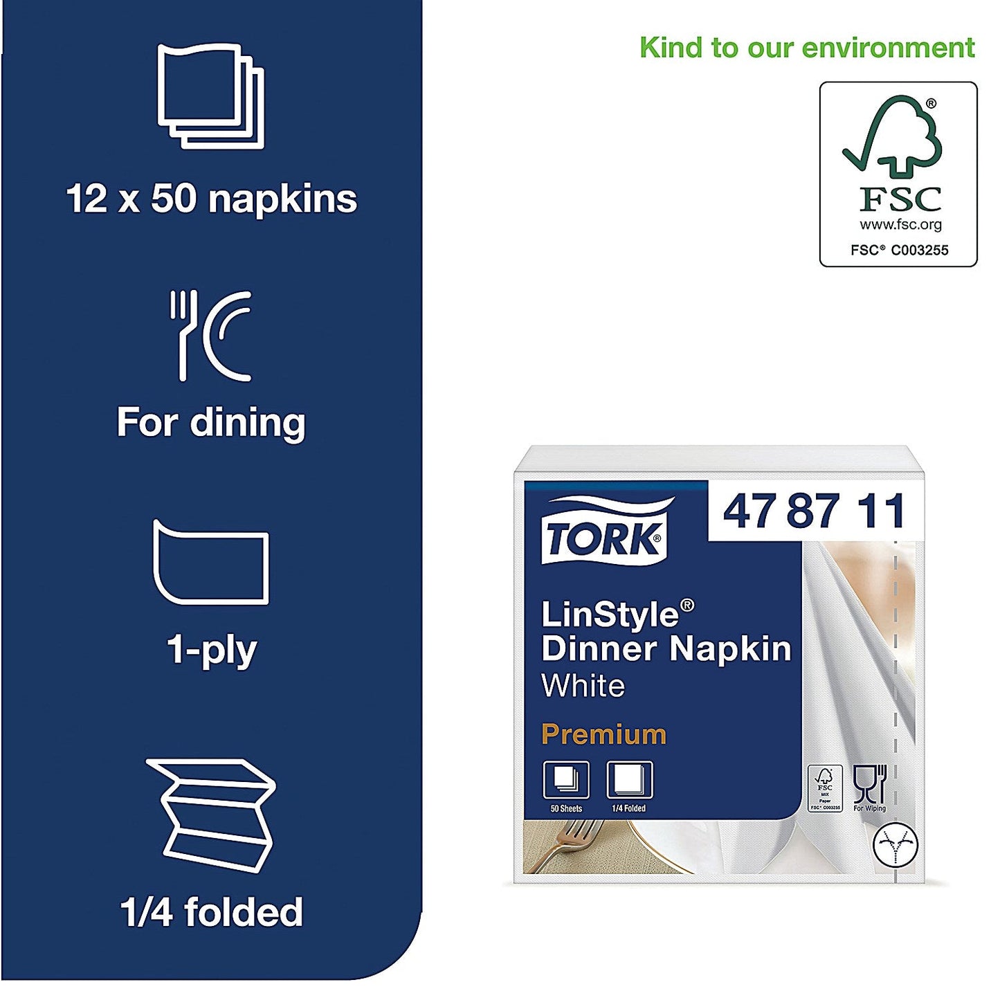 Tork LinStyle 1-Ply Dinner Napkins, 390mmx390mm, White, Pack of 50