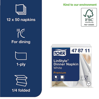 Tork LinStyle 1-Ply Dinner Napkins, 390mmx390mm, White, Pack of 50
