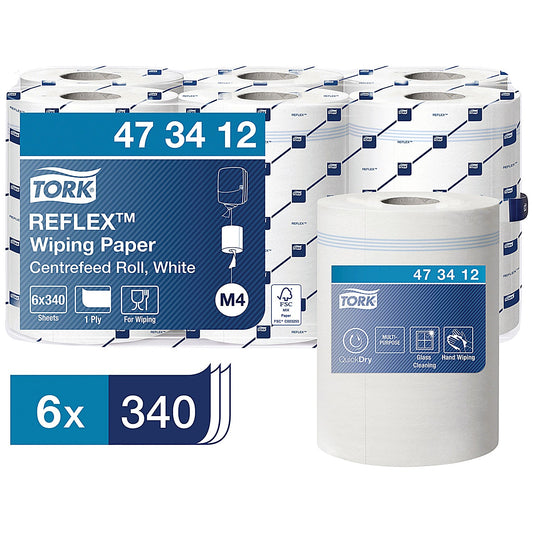 Tork M4 Reflex 1-Ply Centrefeed Wiping Paper, 114m, White, Pack of 6