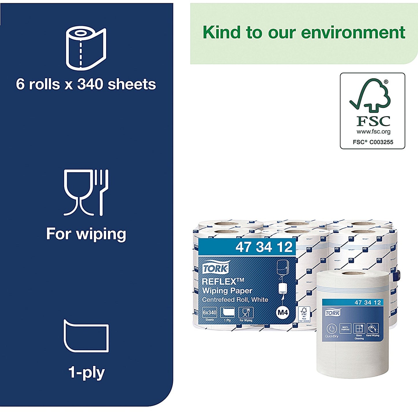 Tork M4 Reflex 1-Ply Centrefeed Wiping Paper, 114m, White, Pack of 6