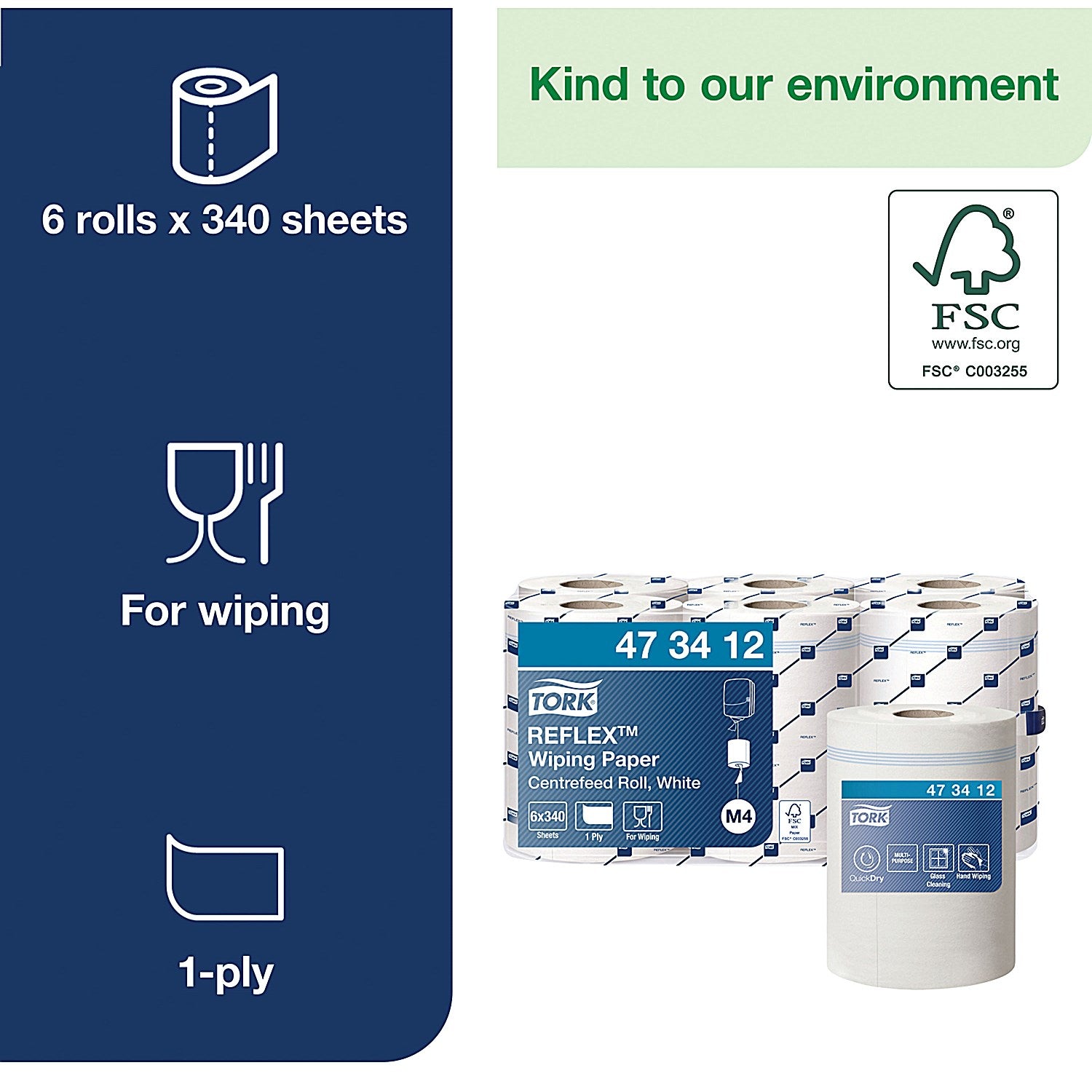 Tork M4 Reflex 1-Ply Centrefeed Wiping Paper, 114m, White, Pack of 6