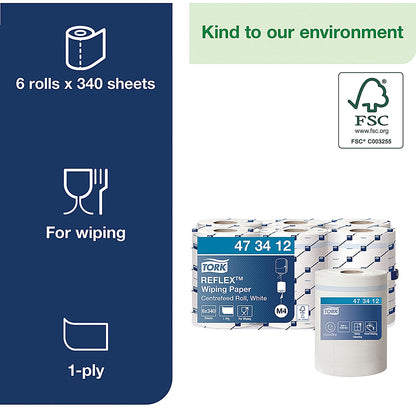 Tork M4 Reflex 1-Ply Centrefeed Wiping Paper, 114m, White, Pack of 6