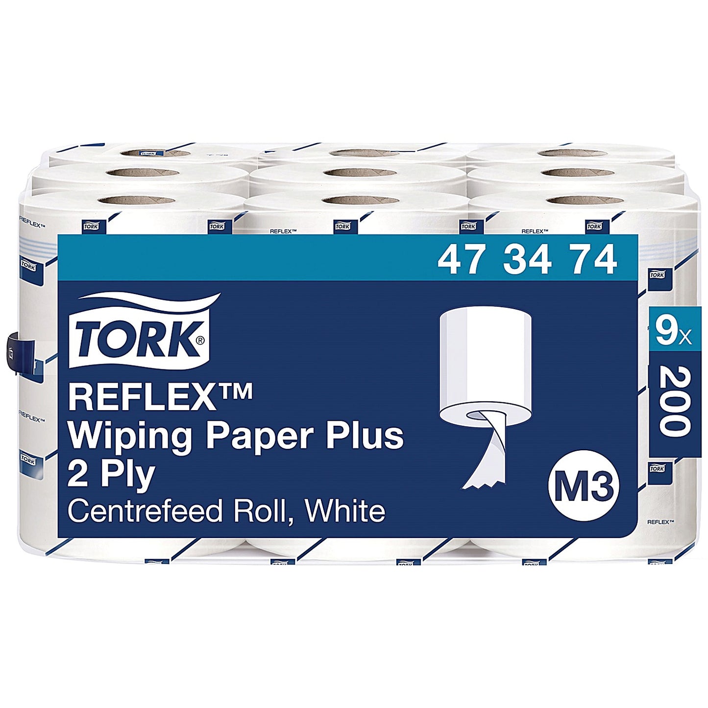 Tork M3 Reflex 2-Ply Wiper Roll, 63m, White, Pack of 9