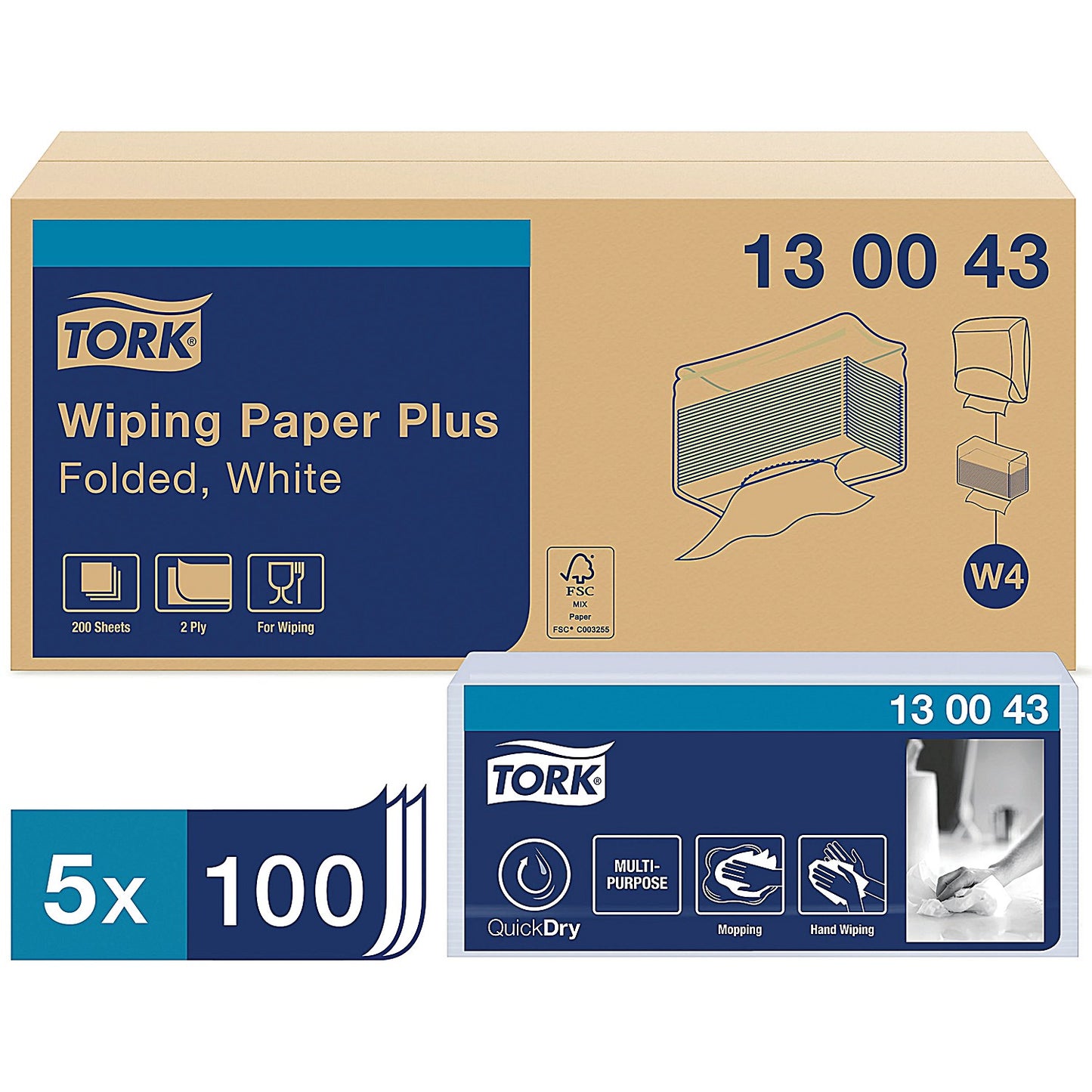 Tork W4 2-Ply Wiping Paper, 2-Ply, White, Pack of 1000
