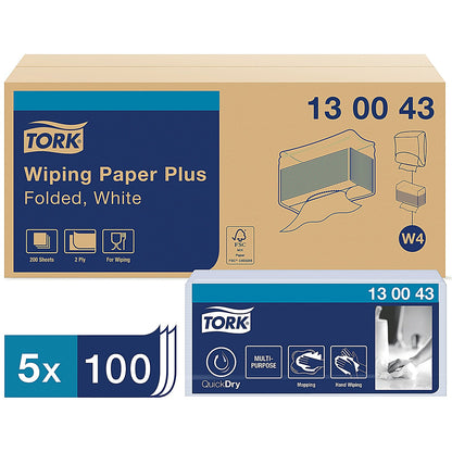 Tork W4 2-Ply Wiping Paper, 2-Ply, White, Pack of 1000