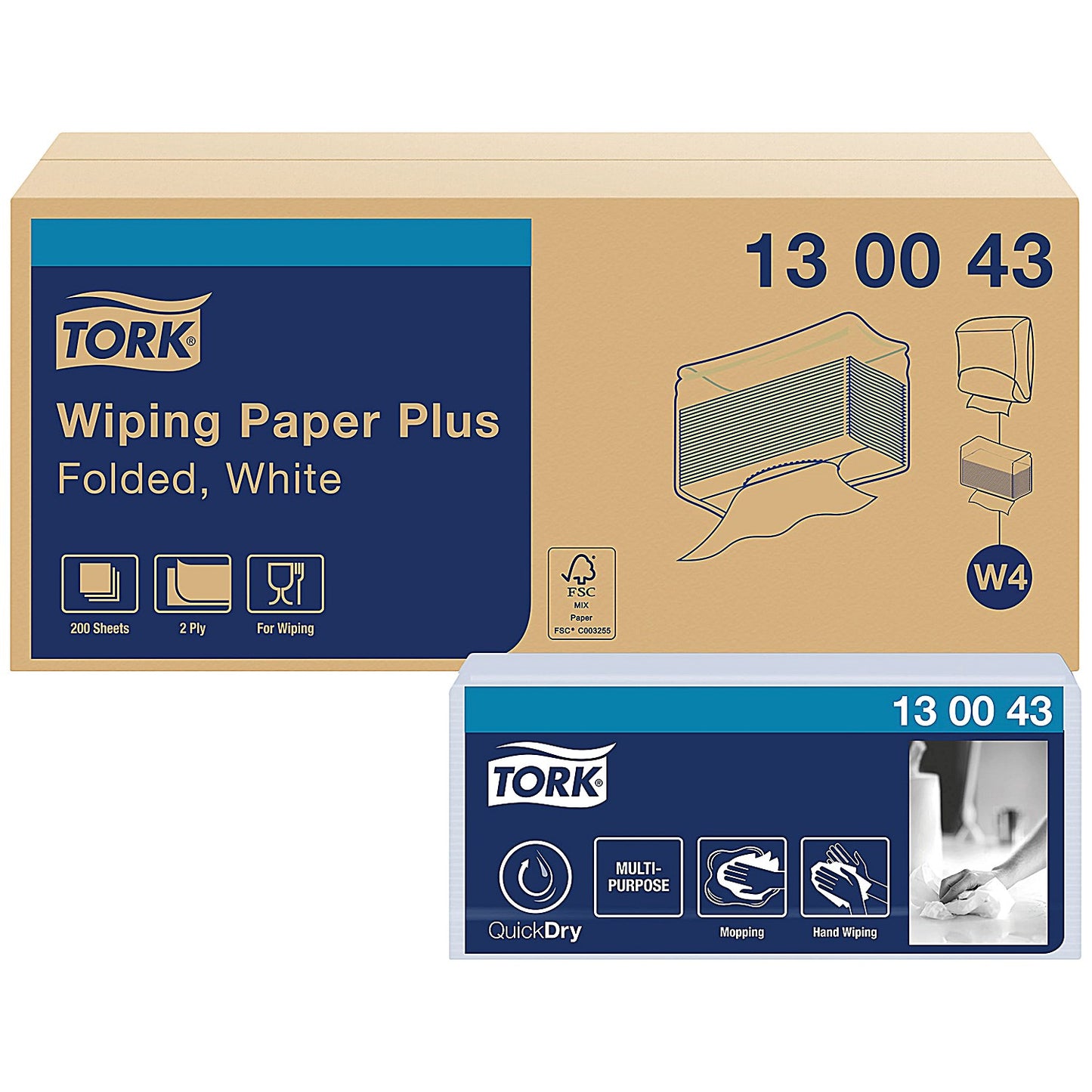 Tork W4 2-Ply Wiping Paper, 2-Ply, White, Pack of 1000