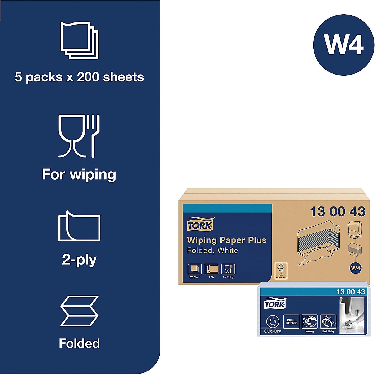 Tork W4 2-Ply Wiping Paper, 2-Ply, White, Pack of 1000