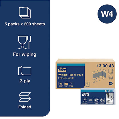 Tork W4 2-Ply Wiping Paper, 2-Ply, White, Pack of 1000