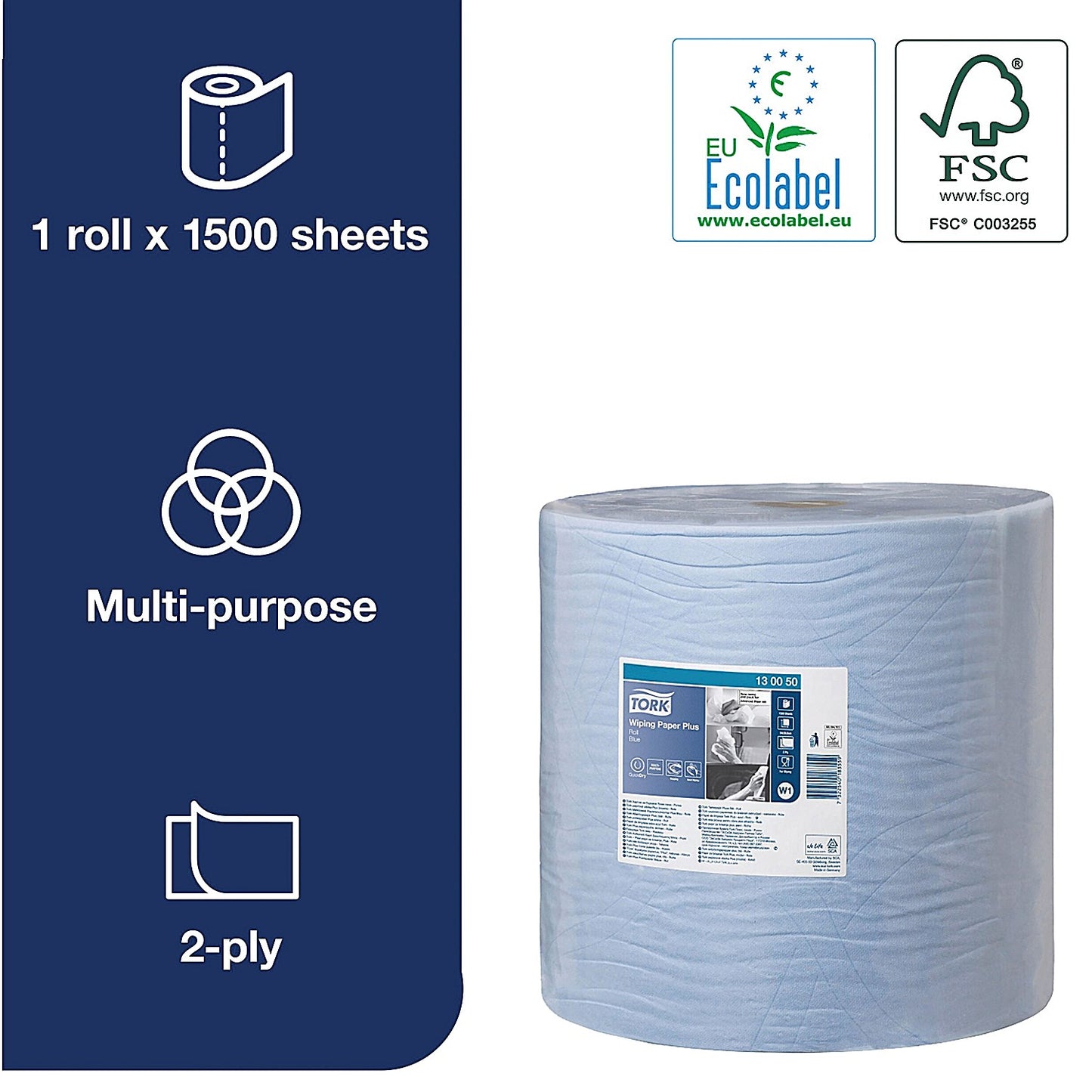 Tork W1 2-Ply Wiping Paper Plus, 510m, Blue