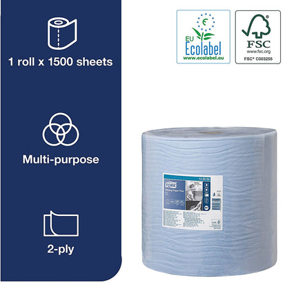 Tork W1 2-Ply Wiping Paper Plus, 510m, Blue