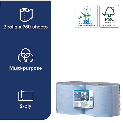 Tork W1/W2 2-Ply Wiper Roll, 255m, Blue, Pack of 2