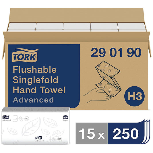 Tork H3 Flushable 2-Ply Singlefold Hand Towels, White, Pack of 3750 Easy2Order : SCA56936