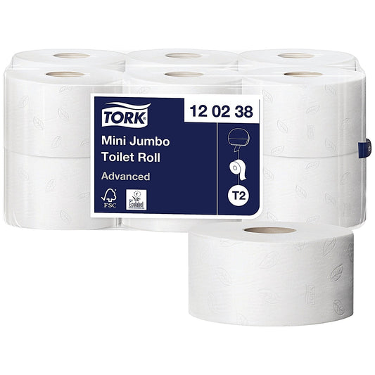 Tork T2 Advanced Mini Jumbo Toilet Tissue Roll, 2-Ply, White, Pack of 12 Easy2Order : SCA89996