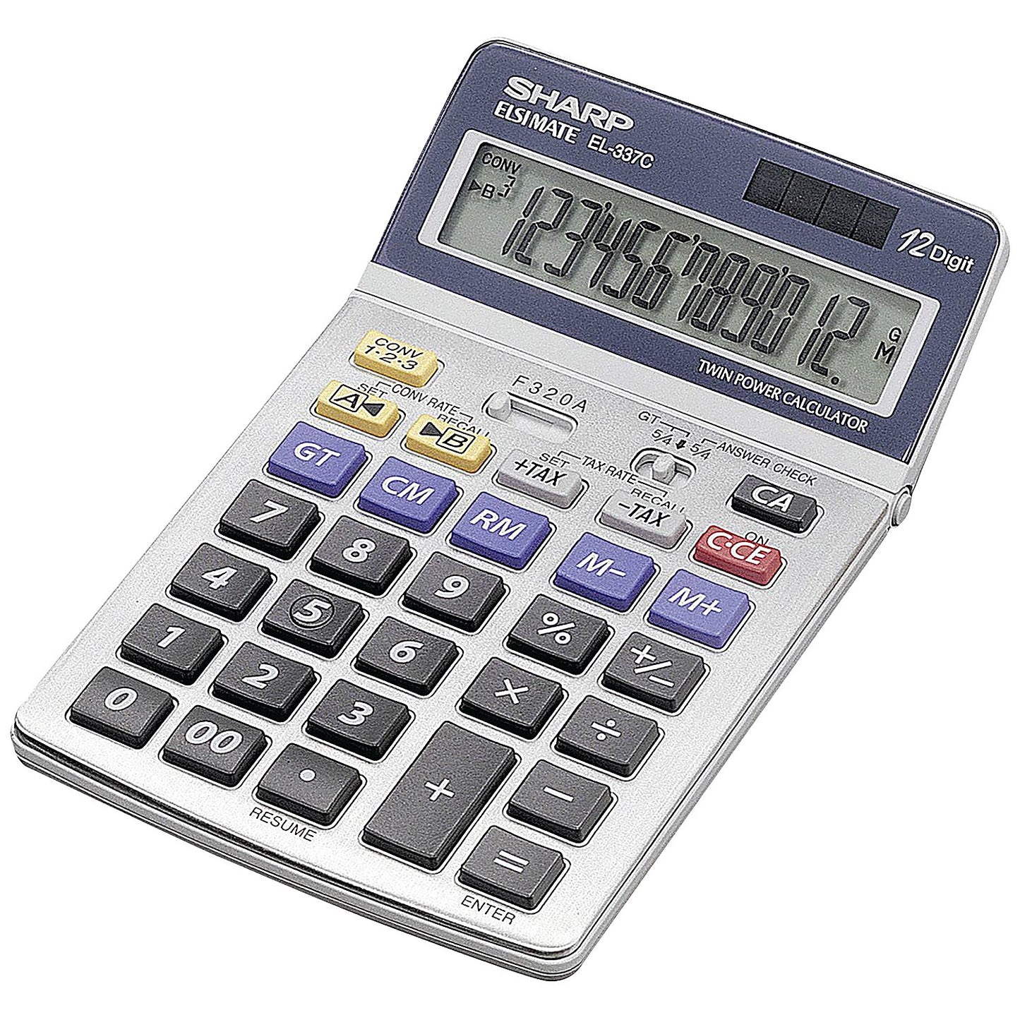 Sharp Semi-Desktop Tax Calculator, 12 Digit, Solar and Battery Power, White