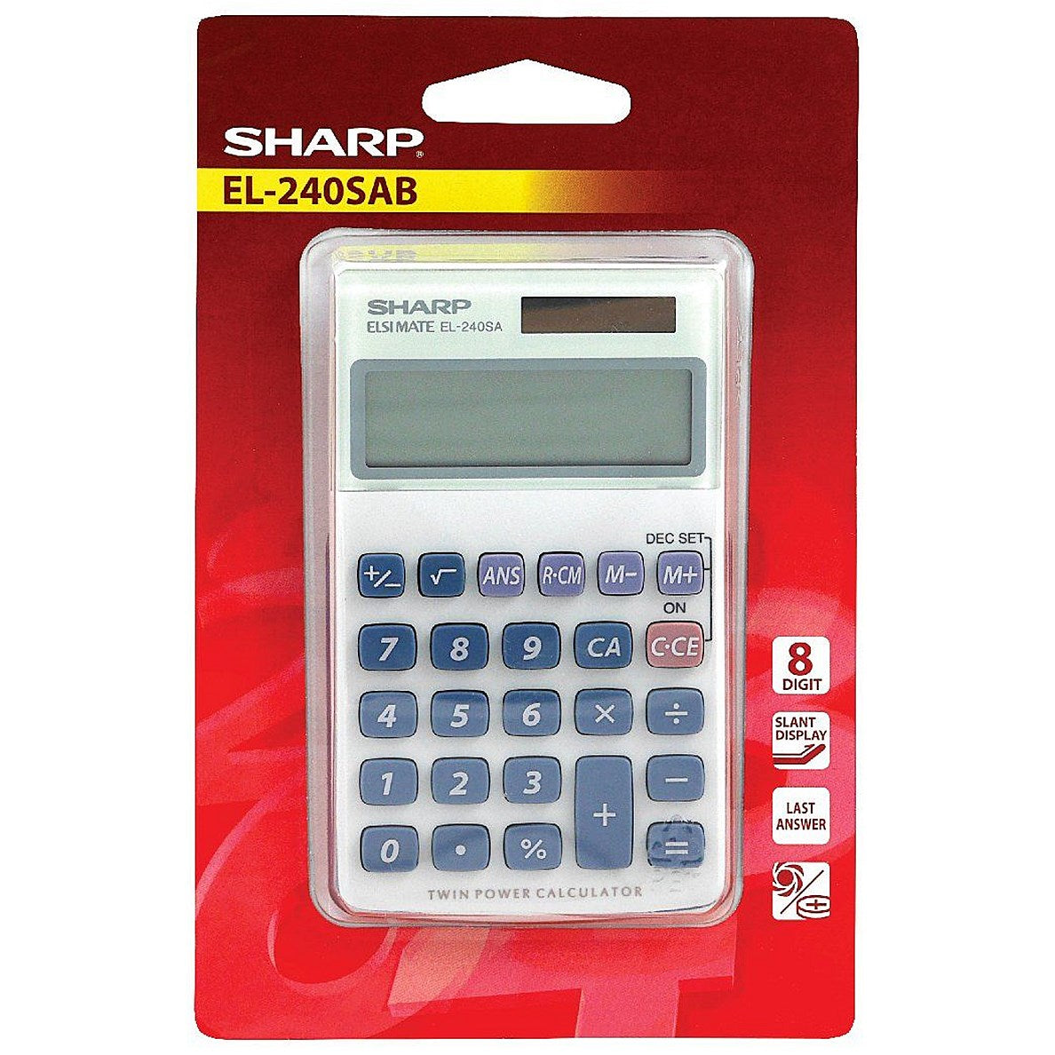 Sharp Handheld Calculator, 8 Digit, 3 Key, Solar and Battery Power, Silver