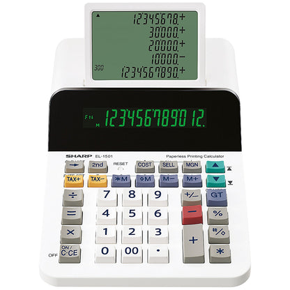 Sharp EL1501 5-line Paperless Printing Calculator, 12 Digit, Battery Powered, White