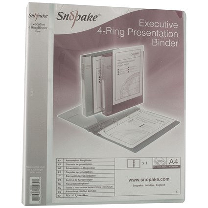 Snopake Executive Presentation Ring Binder, A4, 4 D-Ring, 25mm Capacity, Clear