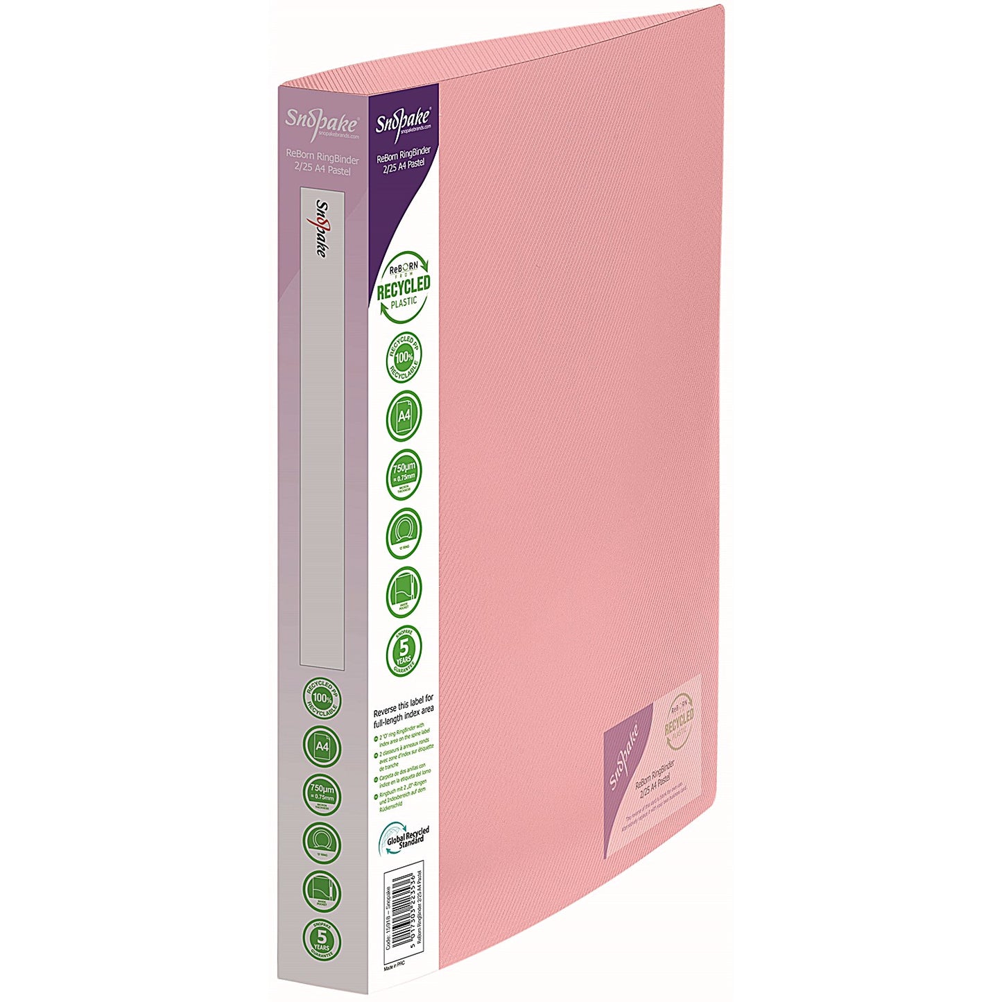 Snopake Reborn A4 Ring Binder, 2 O-Ring, 25mm Capacity, Assorted, Pack of 5