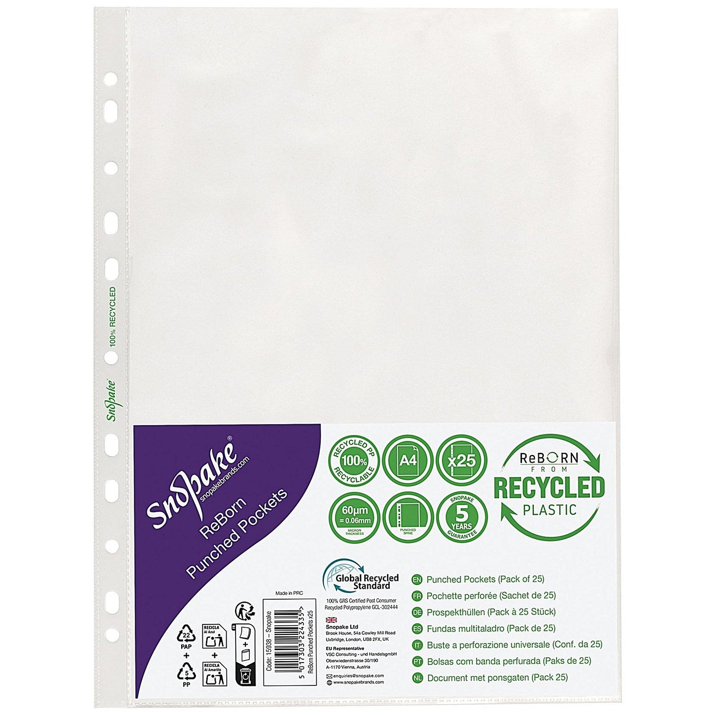 Snopake Reborn Punched Pockets A4 Polypropylene Clear (Pack of 25)