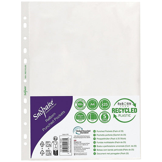Snopake Reborn Punched Pockets A4 Polypropylene Clear (Pack of 25)
