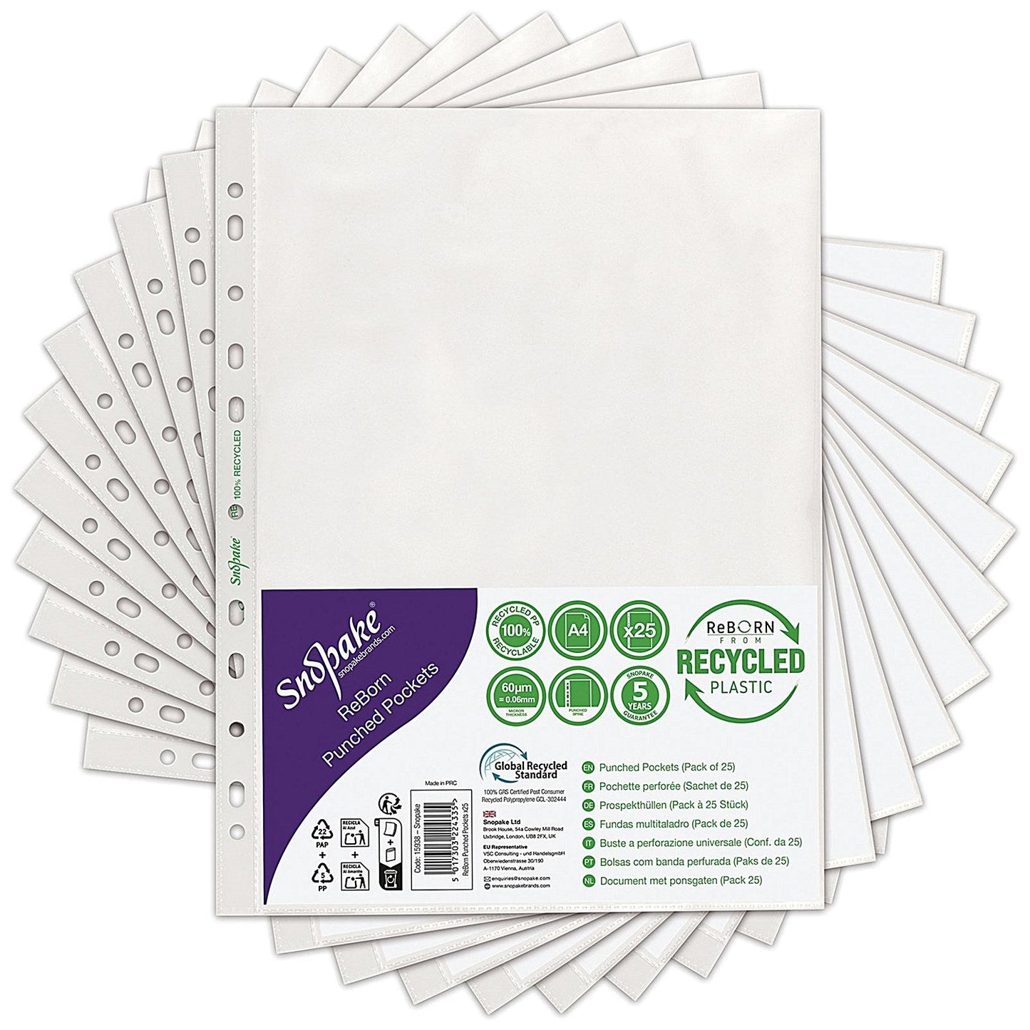 Snopake Reborn Punched Pockets A4 Polypropylene Clear (Pack of 25) Easy2Order : SK22433