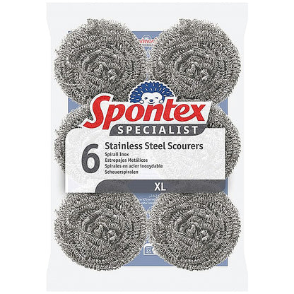 Spontex Specialist Stainless Steel Scourers, XL, Silver, Pack of 6