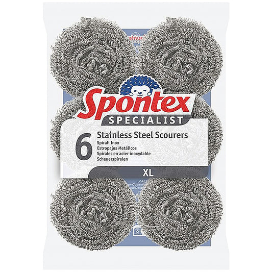 Spontex Specialist Stainless Steel Scourers, XL, Silver, Pack of 6