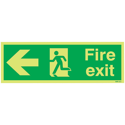 Safety Sign Niteglo Fire Exit Running Man Arrow Left, 150x450mm, PVC Easy2Order : SR11152