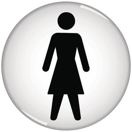 Domed Women Symbol Sign, 60mm Diameter, Black on White