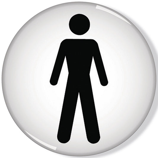 Domed Men Symbol Sign, 60mm Diameter, Black on White