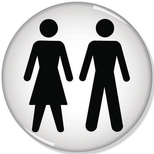 Domed Women and Men Symbol Sign, 60mm Diameter, Black on White