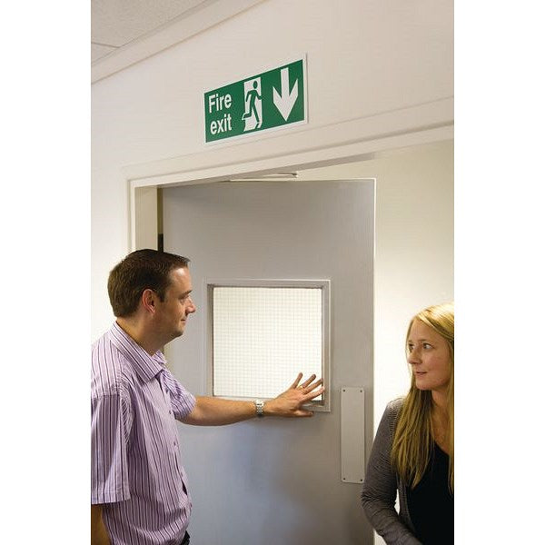 Safety Sign Fire Exit Running Man Arrow Down, 150x450mm, Self Adhesive Easy2Order : SR71172