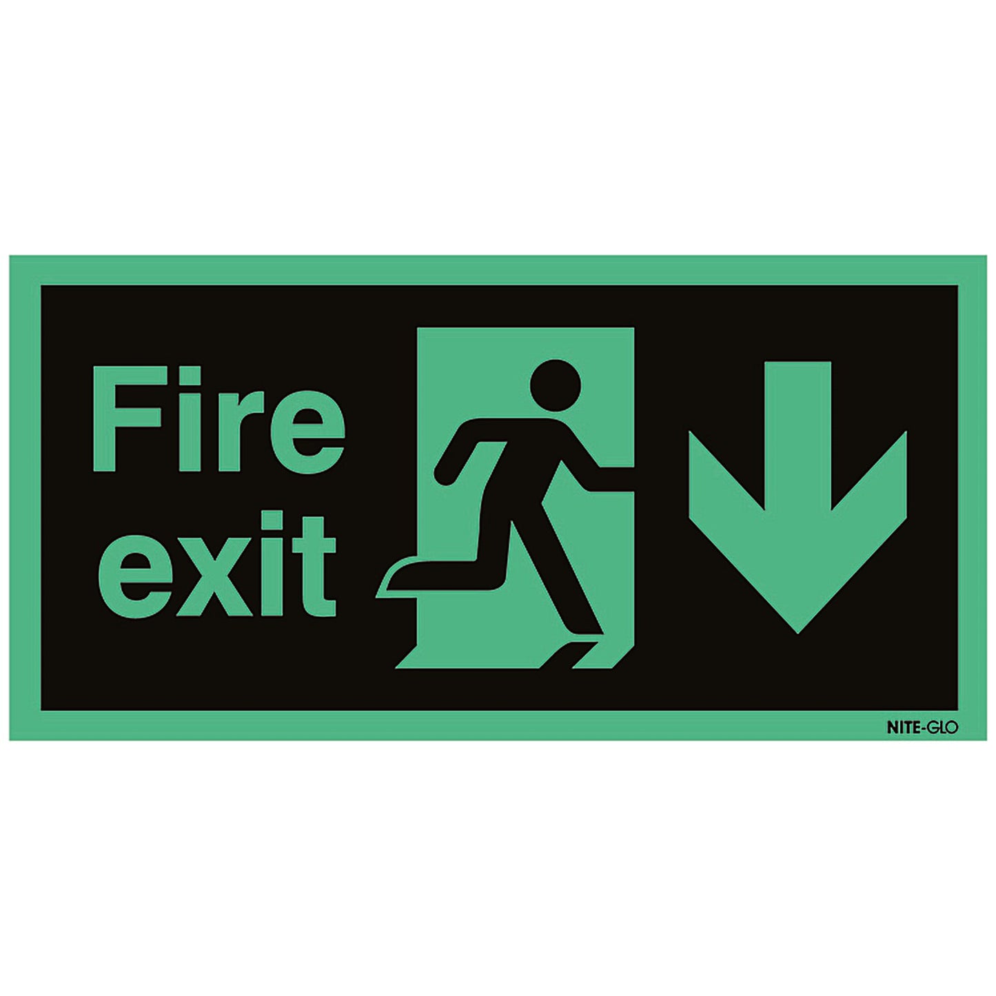 Safety Sign Niteglo Fire Exit Running Man Arrow Down, 150x450mm, Self Adhesive