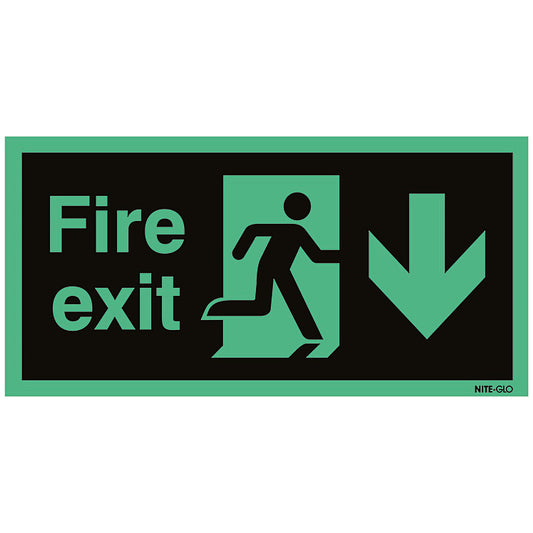 Safety Sign Niteglo Fire Exit Running Man Arrow Down, 150x450mm, Self Adhesive