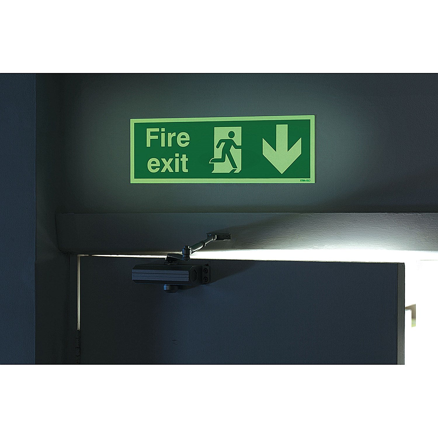 Safety Sign Niteglo Fire Exit Running Man Arrow Down, 150x450mm, Self Adhesive