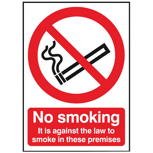 Safety Sign No Smoking It is agains the law to smoke in these premises Self-Adhesive A5