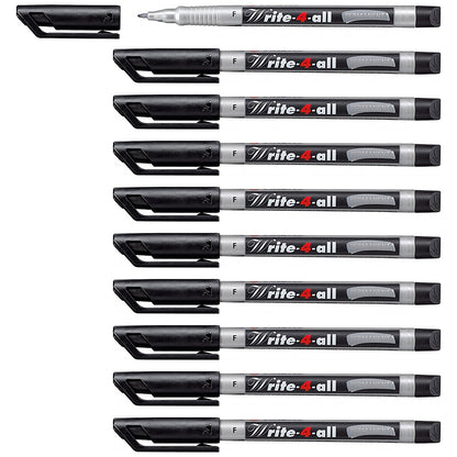 Stabilo Write-4-all Permanent Marker Pen, Fine, Waterproof, Black, Pack of 10