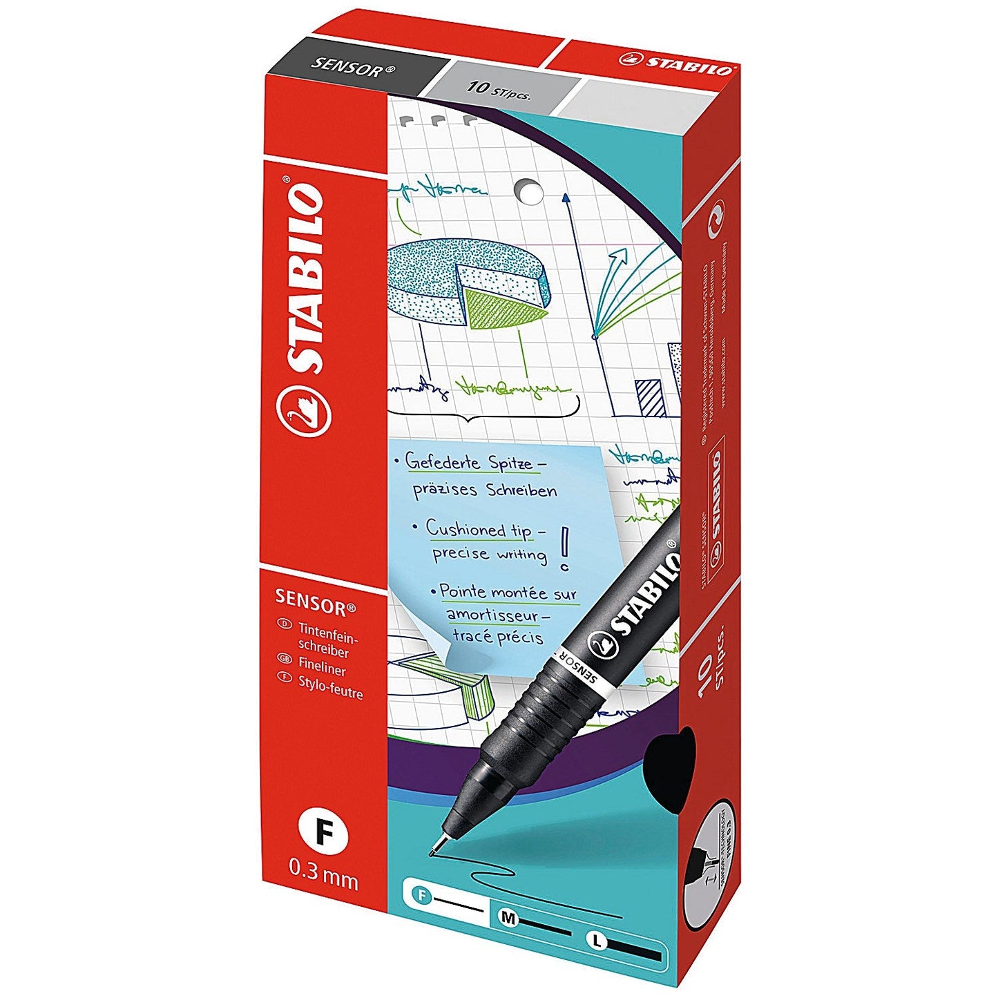 Stabilo Sensor 189 Fineliner Pen, Water-based Ink, 0.8 Tip, 0.3mm Line, Black, Pack of 10