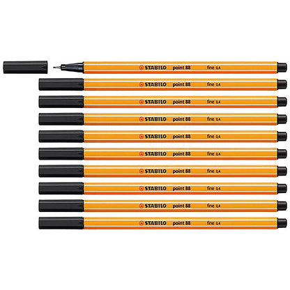 Stabilo Point 88 Fineliner Pen, 0.4mm Line, Black, Pack of 10