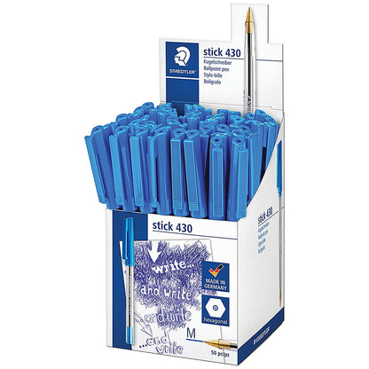 Staedtler Stick 430 Ballpoint Pen, Medium, Blue, Pack of 50