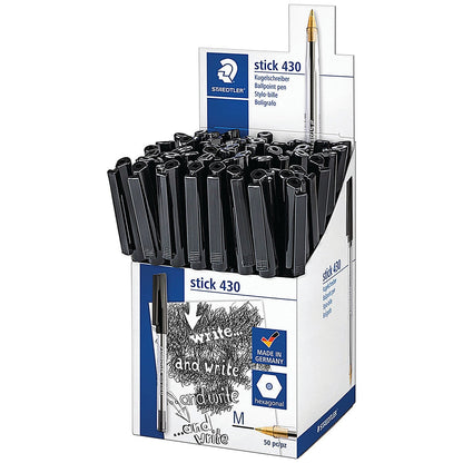 Staedtler Stick 430 Ballpoint Pen, Medium, Black, Pack of 50