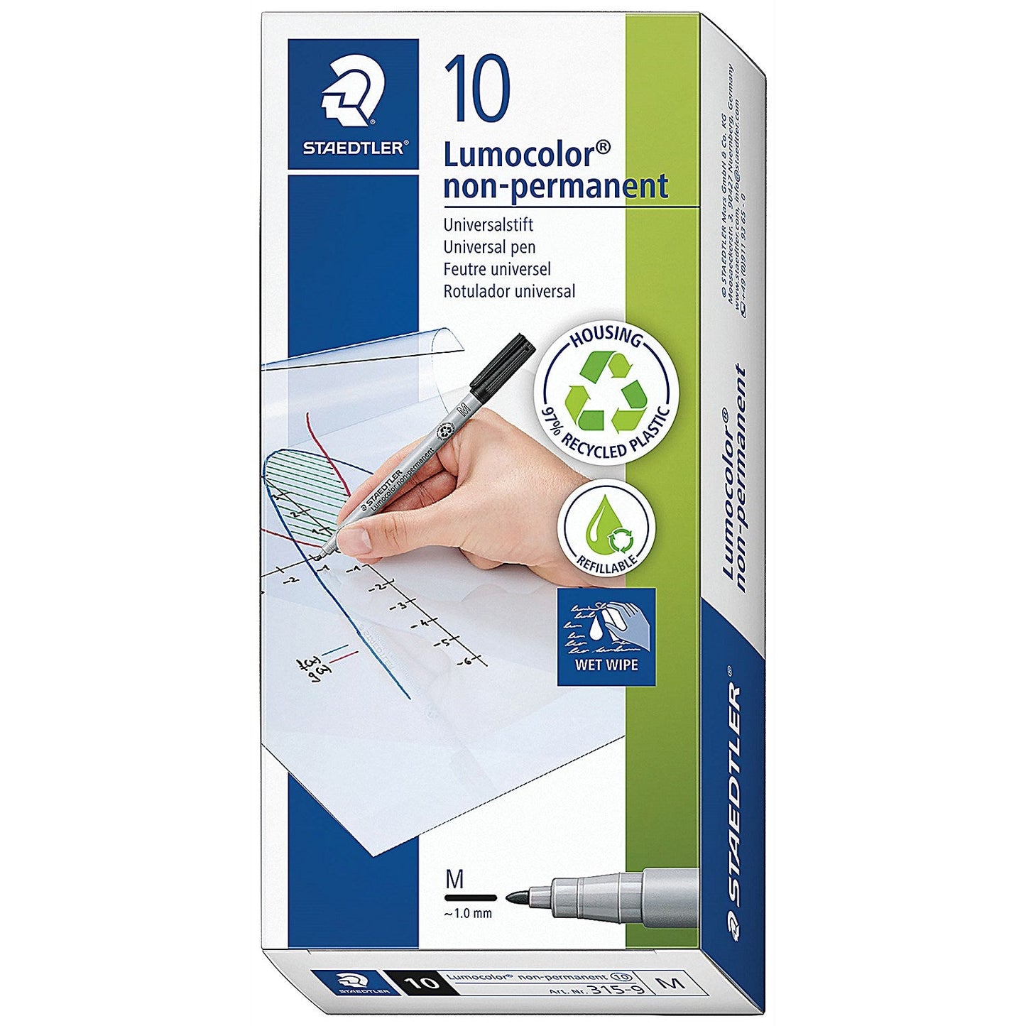 Staedtler 315 Lumocolor Pen, Non-permanent, Medium, Black, Pack of 10