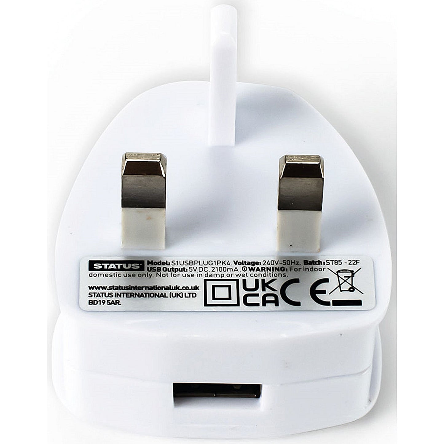 Status USB Type A Power Adapter Plug, White